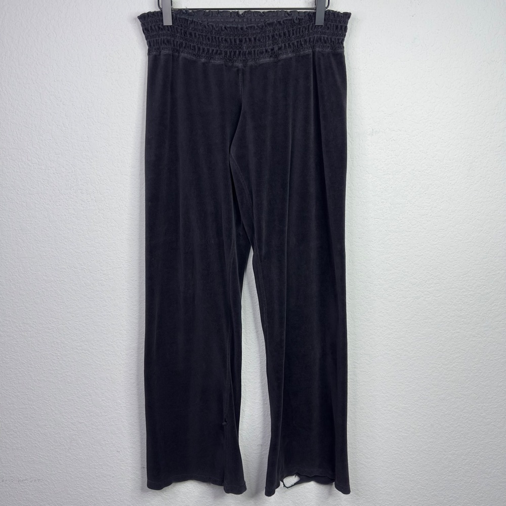 Vintage Juicy Couture Velour Pants Women L Black Y2K Lounge Wide Leg Smocked